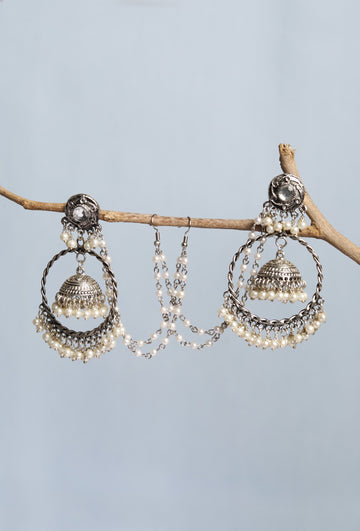 German Silver Partywear Stunning Earring with Hair Extension Designer